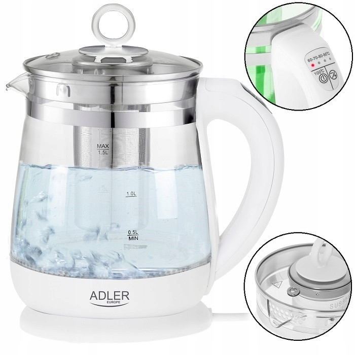 Електрочайник Adler AD 1299 — 1,5 л, 2200 Вт, скляний корпус, LED-підсвітка