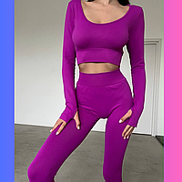 Женский спортивный костюм бесшовный для йоги и фитнеса, утягивающая одежда рашгард и лосины фиолетовый