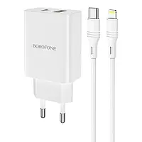 Сетевое зарядное устройство Borofone BA56A PD 20W QC3.0 1USB 3A Type-C + кабель Lightning white