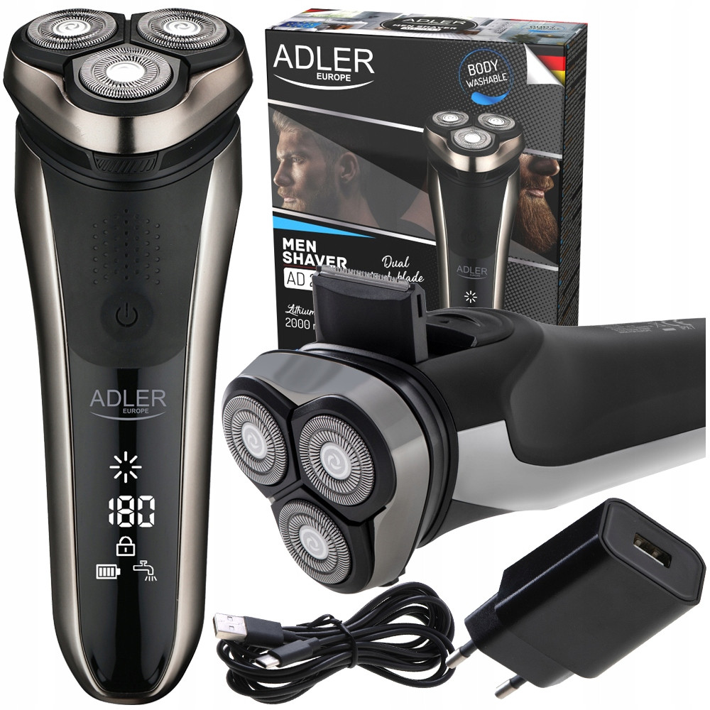 Електробритва Adler AD 2933 — роторна, 3 головки, 2000 мА·г, IPX7, LCD-дисплей