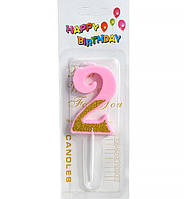 Свечи - цифры в торт "2", высота - 5 см, розовый с глиттером
