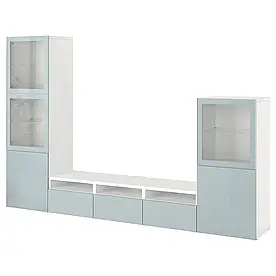Комбінація для зберігання ТВ/скляні двері, білий Glassvik/Selsviken світло-сіро-блакитний, 300x42x193 см BESTA