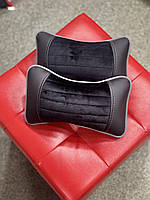 Ортопедическая подушка на подголовник для шеи в автомобиль из экокожи, модель Monaco, черная с серым кантом