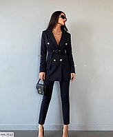 Костюм женский брючный классический деловой стильный удлиненный пиджак на пуговицах с поясом и брюки арт 581