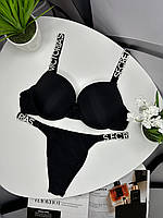 Комплект чорної жіночої спідньої білизни Victoria's Secret Модель Букви Стрази Вікторія Сікрет