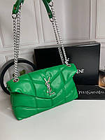 Женская Сумка Yves Saint Laurent Puffer Small Chain Bag in Quilted Lambskin зеленая с серебристым лого