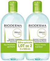 Очищаюча міцелярна вода для жирної та комбінованої шкіри Bioderma Sebium H2O, лосьйон міцелярний для очищення обличчя, 2 х 500 мл