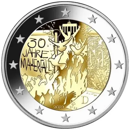 Монета номіналом 2 євро 2019 «30-річчя падіння Берлінської стіни» Німеччина "30 JAHRE MAUERFALL", фото 1