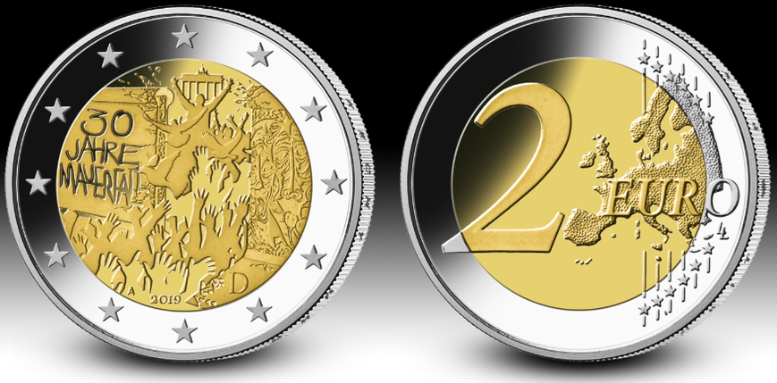 Монета номіналом 2 євро 2019 «30-річчя падіння Берлінської стіни» Німеччина "30 JAHRE MAUERFALL", фото 3