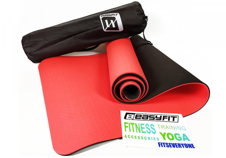 Килимок для йоги та фітнесу EasyFit TPE+TC 6 мм двошаровий + Чохол червоний із чорним