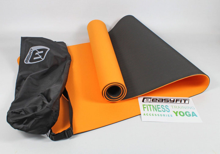 Килимок для йоги та фітнесу EasyFit TPE+TC 6 мм двошаровий + Чохол жовтогарячий із чорний
