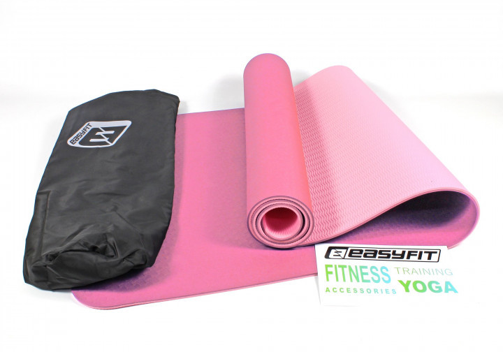 Килимок для йоги та фітнесу EasyFit TPE+TC 6 мм двошаровий + Чохол рожевий з кв. рожевий