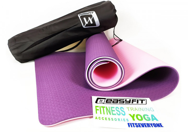 Килимок для йоги та фітнесу EasyFit TPE+TC 6 мм двошаровий + Чохол фіолетовий з рожевий