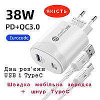 Быстрая зарядка для телефона, планшета. USB адаптер. Два разъема USB и Type С. 38W. Шнур Type С в комплекте.