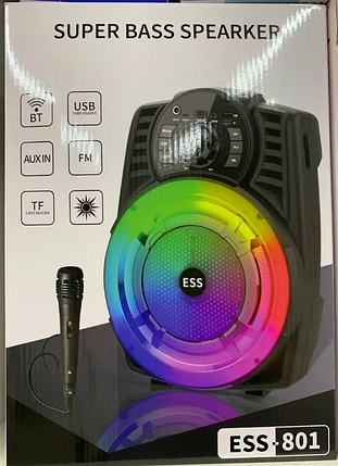 Портативна Bluetooth колонка ESS-801 (USB+SD+Bluetooth+FM+дисплей+адаптер від мережі+1-динамік) Black, фото 1