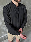 Чоловіча сорочка лляна чорна комір-стійка молодіжна приталена з довгим рукавом, фото 8