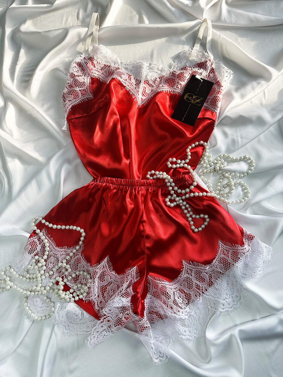 Комплект шовковий з французським мереживом (червоне/біле мереживо), фото 1