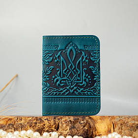 Обкладинка для ID паспорта жіноча шкіряна темно-бірюзова з тисненням Калина | Обкладинка на права