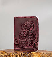 Обложка для ID паспорта женская кожаная бордовая с тиснением Сова | Обложка для прав марсала 4 отдела