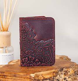 Обкладинка для ID паспорта жіноча шкіряна бордова з тисненням Квітучий Сад | Обкладинка на права марсала