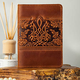 Обкладинка для паспорта жіноча шкіряна світло-коричнева з тисненням Калина