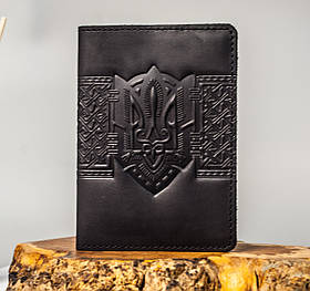 Обкладинка для паспорта чоловіча шкіряна чорна з тисненням Тризуб Герб України