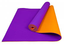 Килимок для йоги та фітнесу EasyFit TPE+TC 6 мм двошаровий фіолетовий-жовтогарячий