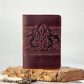 Обкладинка для паспорта жіноча шкіряна бордова з тисненням Калина