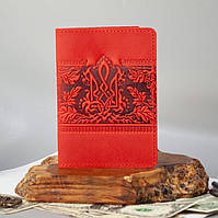 Обложка для паспорта женская кожаная красная тиснением Калина