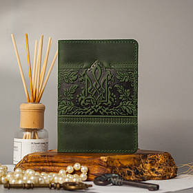 Обкладинка для паспорта жіноча шкіряна зелена з тисненням Тризуб Герб України Калина