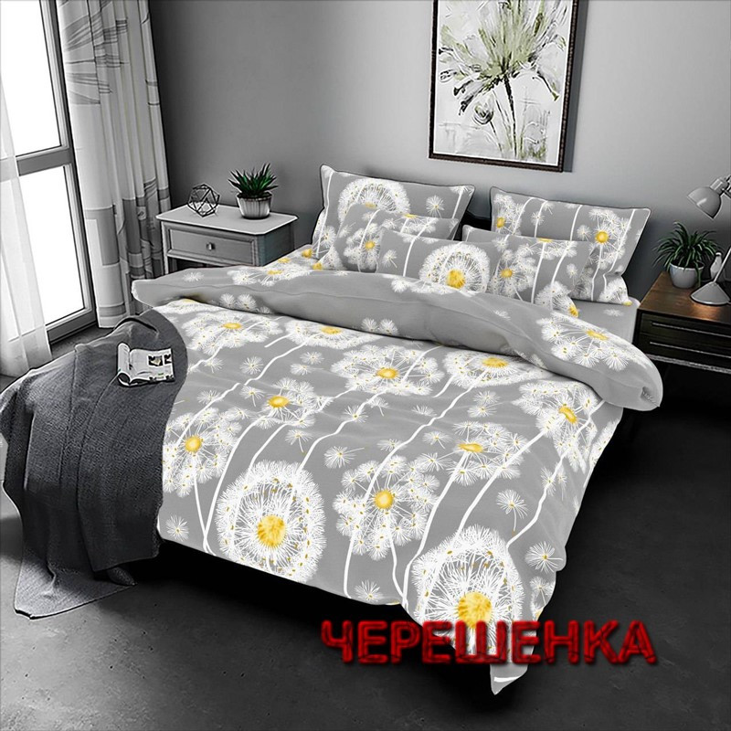 Тканина для постільної білизни Бязь "Gold" Lux GL8029grey (50м) кульбаби на сірому