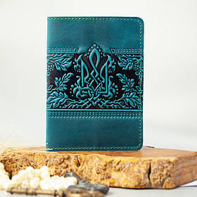 Обкладинка для паспорта жіноча шкіряна бірюзова з тисненням Калина