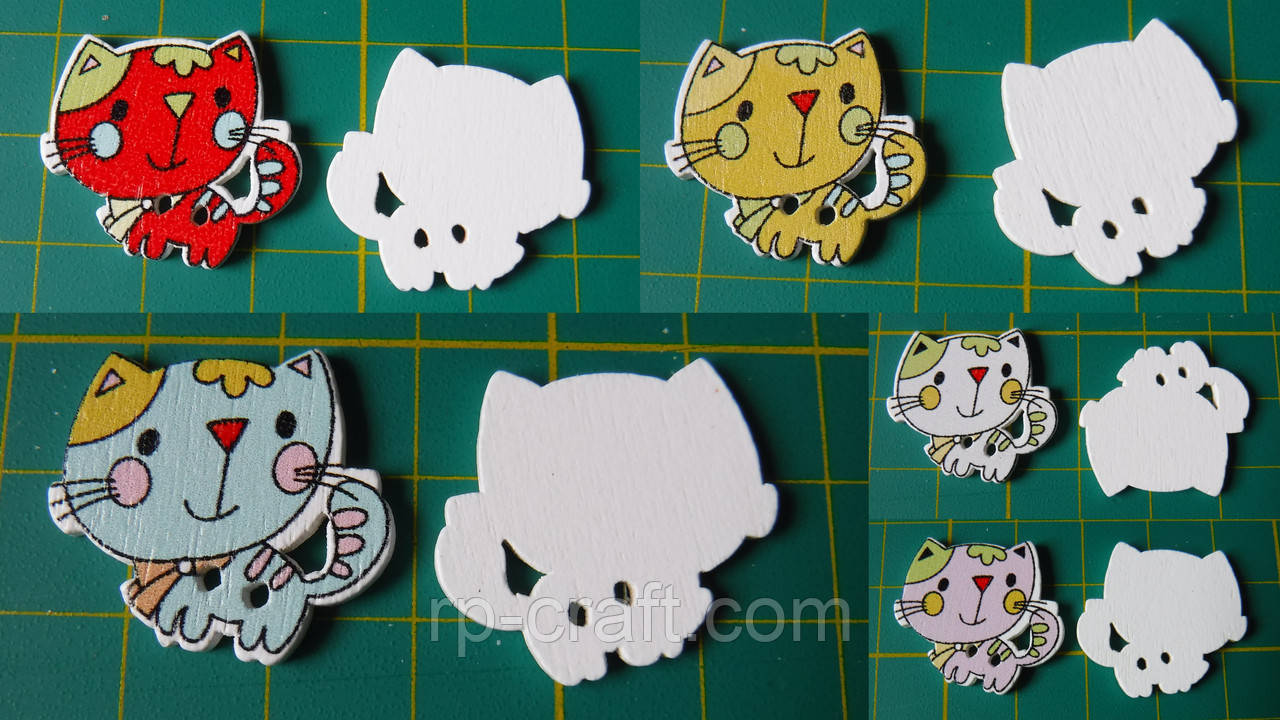 Ґудзик дерев'яний, декоративний. Котик, 21х24 мм, фото 1