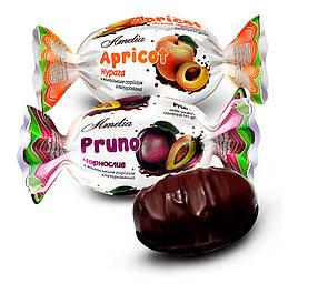 Цукерки  Асорті  "Чорнослив "Pruno"  і  курага "Apricot" з волоським горіхом у шоколаді"