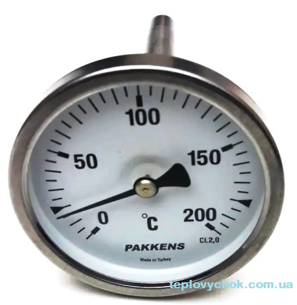 Термометр для сауни PAKKENS Ø63мм, 0-200°С, з різьбою 1/2 "біметалічний, осьовий