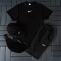 Мужской летний спортивный костюм Nike черный 4в1, Комплект Найк на лето Шорты + Футболка + Кепка + Бананка