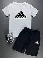 Мужской летний комплект Adidas 2в1, футболка белая+шорты черные.