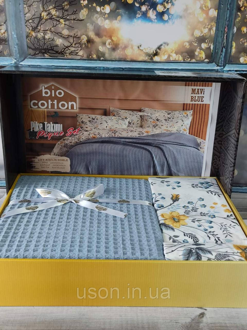 Літній набір піке + бавовняне простирадло з наволочками ТМ Bio Cotton колір блакитний