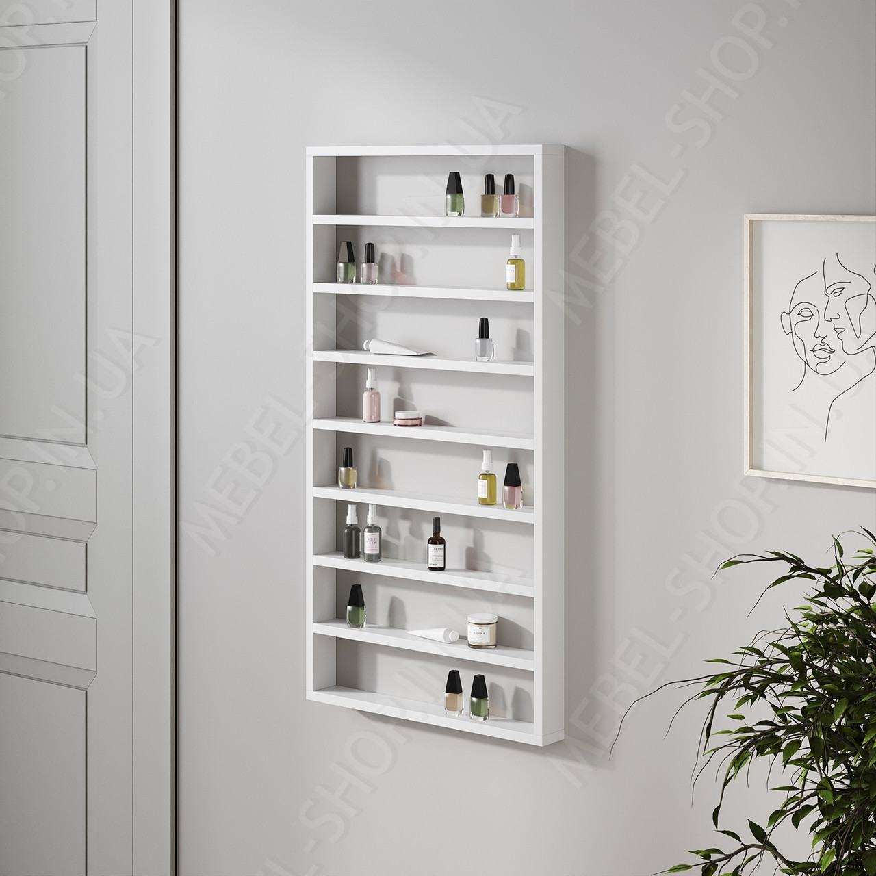 Полиці для лаків на стіну спальні Навісна полиця в салон краси з ДСП Поличка для косметики на 8 комірок, фото 1