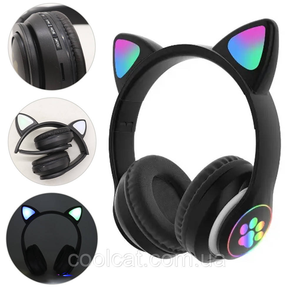 Навушники накладні з котячими вушками, бездротові, Bluetooth, B39M, Чорні / Дитячі навушники з підсвіткою