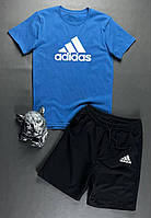 Мужской летний комплект Adidas 2в1, футболка голубая+шорты черные.