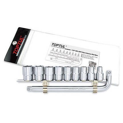 Набір головок торцевих 1/2" 10-24 мм на планці + Г-обр. вороток TOPTUL GAAG1010, фото 1