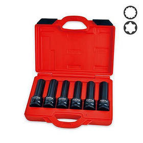 Набір ударних довгих головок 3/4" E18, E20, E22, E24, 17мм, 19мм 6шт для болтів ГБЦ TOPTUL JGAI0602