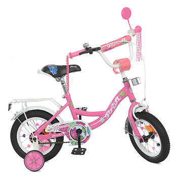 Велосипед дитячий двоколісний 12 дюймів з декором на спицях та додатковими колесами Profi Y12301N Рожевий