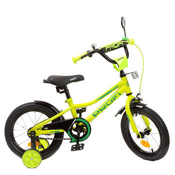 Велосипед дитячий двоколісний 14 дюймів з ліхтариком та додатковими колесами Profi Y14225 Салатово-чорний