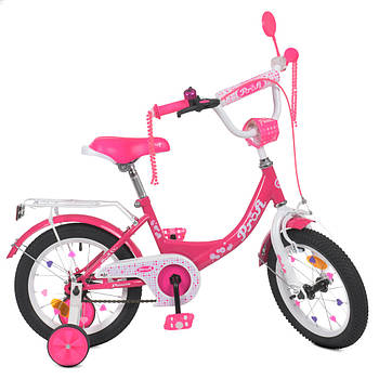 Велосипед дитячий двоколісний 12 дюймів додатковими колесами та кошиком Profi Princess Y1213 Малиновий