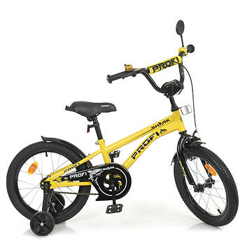 Велосипед двоколісний дитячий з дзеркалом і додатковими колесами 16 дюймів Profi Shark Y16214 Жовтий