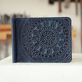 Прижим для грошей шкіряний темно-синій з тисненням Сонечко