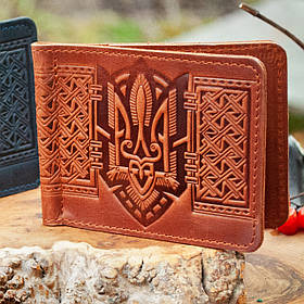 Прижим для грошей шкіряний світло-коричневий з тисненням Тризуб Герб України