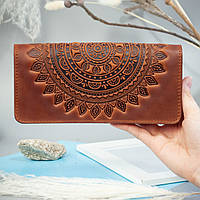 Жіночий гаманець з натуральної шкіри в рудому кольорі з тисненням "Мандала" Жіночі портмоне
